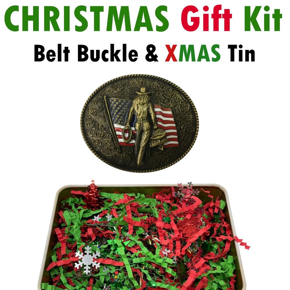 Western Belt Buckle with Christmas Tin Country Girls Buckles USA Flag America